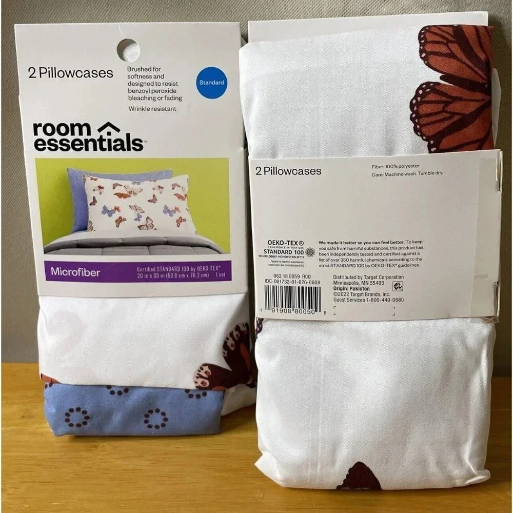 Room Essentials (4) 2 Pk Microfiber Standard Butterfly & Dots Pillowcases NEW
